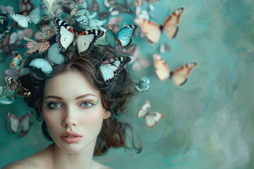 Beautiful young woman with butterflies in her hair