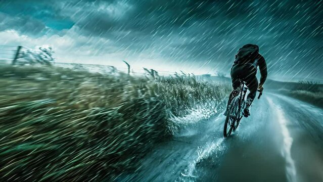 An adventurous man confidently pedals his bike down a rain-soaked road, embracing the challenges of wet weather riding, A cyclist battling a windstorm on a country road