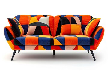 A retro-style sofa with bold geometric patterns