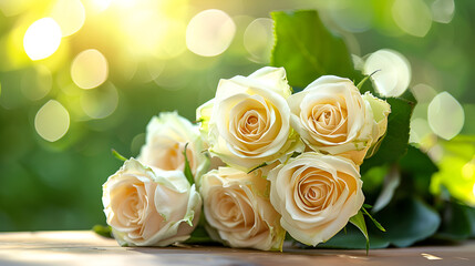 Obraz premium Beautiful fresh white roses as background, Panoramic cover banner background of beautiful white rose soft tone, Nature background, Bouquet of white roses on a light background