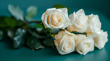 Fototapeta premium Beautiful fresh white roses as background, Panoramic cover banner background of beautiful white rose soft tone, Nature background, Bouquet of white roses on a light background