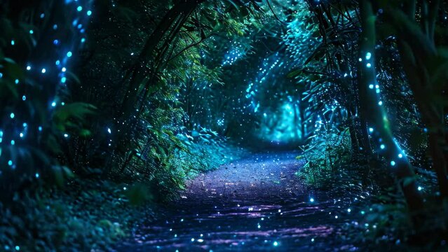 A captivating photo capturing a forest path aglow with mesmerizing blue lights, creating a stunning visual spectacle in nature, A dark forest path lit by magical bioluminescent plants