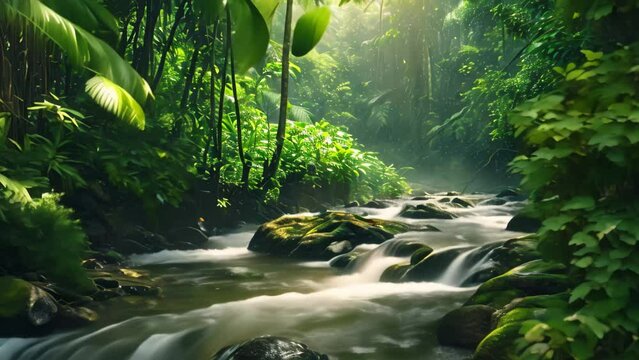 Witness the beauty of a tranquil stream as it gracefully meanders through a lush green forest, A daunting river course flowing through the rainforest