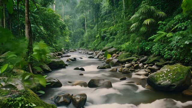 A tranquil river meanders peacefully amidst the vibrant, lush greenery of a beautiful forest, A daunting river course flowing through the rainforest