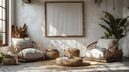 Two armchairs in a room with a white wall and a big frame poster on it. Scandinavian-style interior design of modern living room. 