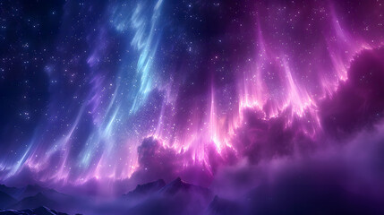 A glorious aurora of crystalblue particles bathes the night sky bursting from a deep magenta nebula in bright flashes of light. - obrazy, fototapety, plakaty