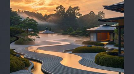 A breathtaking garden where tea houses float among clouds, connected by winding paths of light. Each tea house offers a unique tea ceremony, with matcha that reflects the essence of the surrounding cl