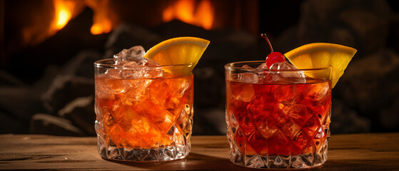 Old Fashioned Cocktail by Fireplace, High-Quality Image