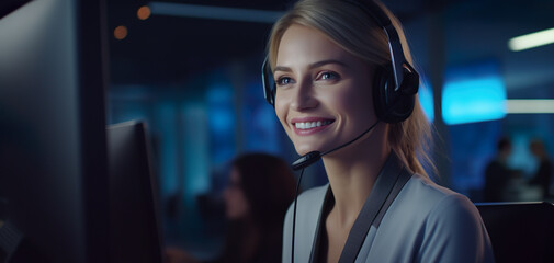 Beautiful smiling businesswoman using computer Speak and listen to customers through a headset in the office at the call center desk.