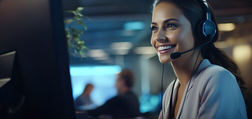 Beautiful smiling businesswoman using computer Speak and listen to customers through a headset in the office at the call center desk.