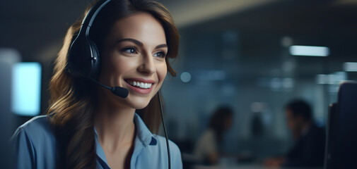 Beautiful smiling businesswoman using computer Speak and listen to customers through a headset in the office at the call center desk.