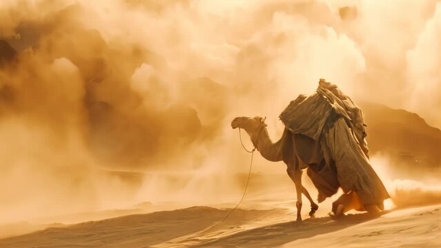 A captivating painting depicting a man riding a camel through the vast desert landscape, A desert nomad and his camel trudging against a sandstorm