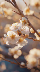 Close-up of white plum flowers blooming on sunny blurred background. Delicate aesthetic spring background. Generative AI