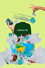 Vertical photo collage of hand throw cellophane bag foil wrapper globe earth planet pollution damage bin isolated on painted background