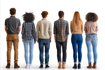 A group of people standing in a line, with one person wearing a plaid shirt. Concept of unity and togetherness among the group