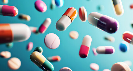 colorful pills and capsules flying on a blue background. 