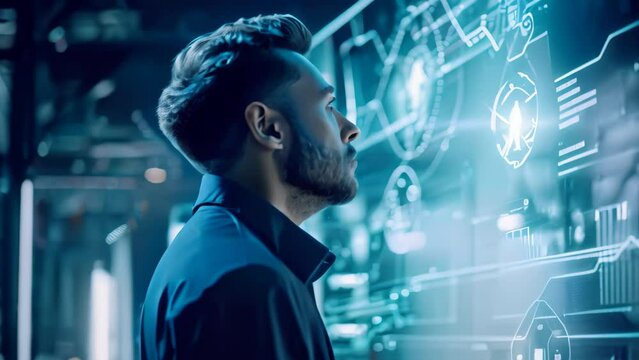 A skilled man with a hardhat intently works on a digital screen, employing construction site technology, A digital display of intelligent automation in construction technology