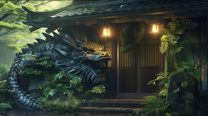 
Guardian creature sitting on the threshold of a Japanese tea house, greeting guests with soft light — magical realism.