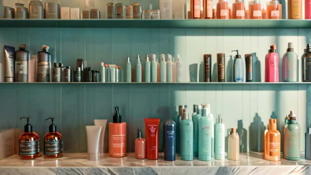 A variety of hair products displayed on a countertop, A digital rendering of Varied hair styling products on a salon counter