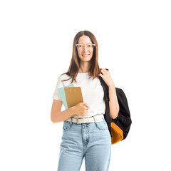 smiling woman with backpack and textbooks. isolated