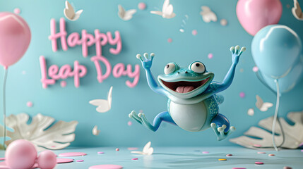  A joyful Green frog is jumping on a pastel background with the text "Happy Leap Day"