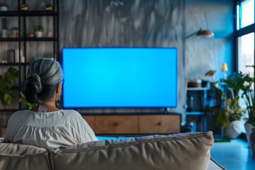 Digital mockup indian woman in her 60s in front of an smart-tv with a completely blue screen