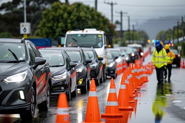 Dedicated worker ensures safe roadworks on busy city streets for effective traffic control