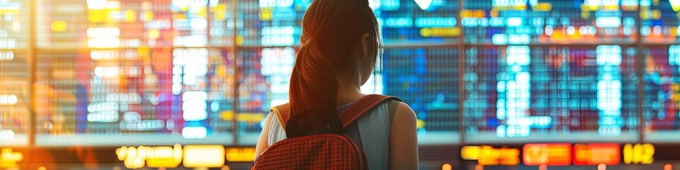 Fototapeta premium Solo Traveler Contemplating Airport Flight Schedule