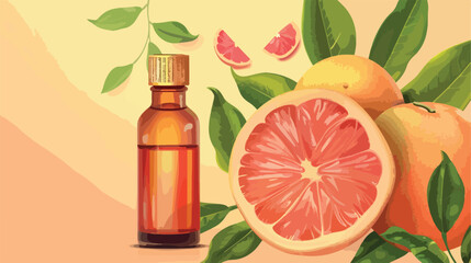 Composition with bottle of essential oil and grapefruit