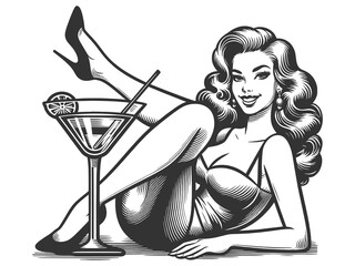 retro pin-up girl enjoying a martini alcohol glass, epitomizing vintage charm and cocktail culture sketch engraving generative ai raster illustration. Scratch board imitation. Black and white image. - obrazy, fototapety, plakaty