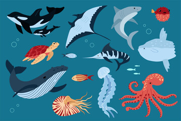 Fish and wild marine animals are isolated on white background. Inhabitants of the sea world. Cute underwater creatures.  © OlivaGreen