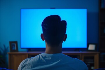 Screen display asian man in his 40s in front of an smart-tv with an entirely blue screen