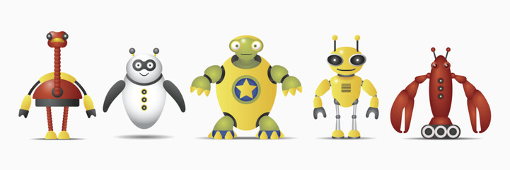 Set of cute vector robot characters for kids. 5 funny vintage style robotics