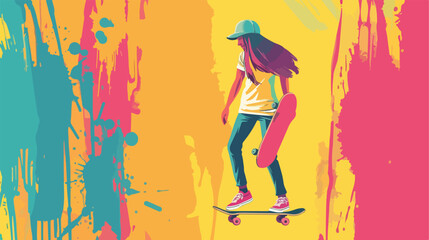Sporty woman with skateboard near color wall Vector 