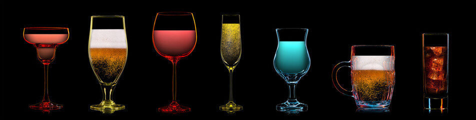 Silhouette of multicolor different glasses on black background
