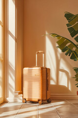 A tan suitcase sits on a tiled floor in front of a window. The sunlight casts a shadow on the suitcase, creating a warm and inviting atmosphere