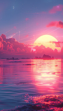 background image, sun reflected on the rippling surface  sea, pink clouds, with many mountainous islands, vertical 9:16