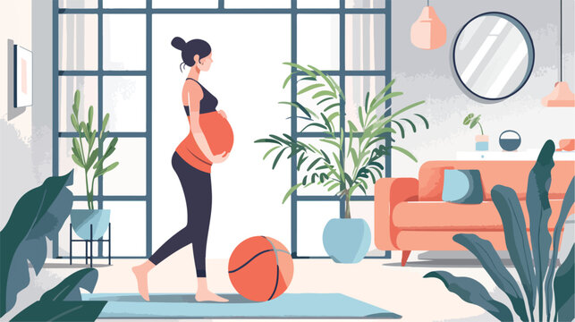 Sporty young pregnant woman training with fitball