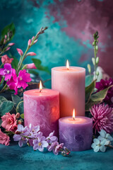 Obraz na płótnie Canvas Three candles are lit and placed on a table with flowers. The candles are pink and purple, and the flowers are pink and white. The scene creates a warm and inviting atmosphere