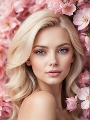 Obraz na płótnie Canvas pink flowers background close-up portrait portrait of blonde beautiful woman from Generative AI