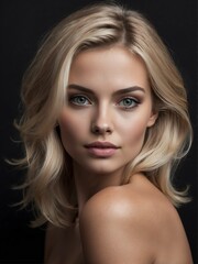 plain black background close-up portrait portrait of blonde beautiful woman from Generative AI