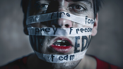 Man with mouth sealed in adhesive tape with Freedom message. Free of speech, freedom of press, Human rights, Protest dictatorship, democracy, liberty,  - obrazy, fototapety, plakaty
