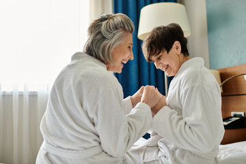 Two senior lesbian women sharing a tender moment in a bedroom.