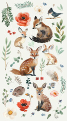 A collection of watercolor animals at rest in nature, framed beautifully by floral and natural elements for a relaxing vibe