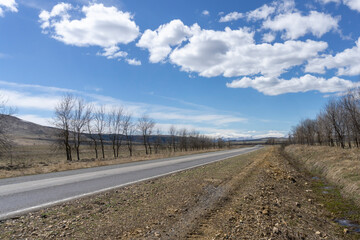 Asphalt and dirt roads leading to snow-capped mountains. Trees without leaves on the sides.