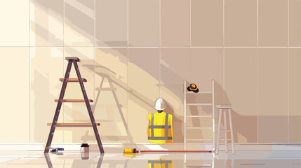 Stepladders with builders equipment and reflective vector
