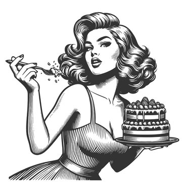 pin-up girl savoring a piece of cake encapsulating classic beauty and indulgence sketch engraving generative ai fictional character raster illustration. Scratch board imitation. Black and white image.