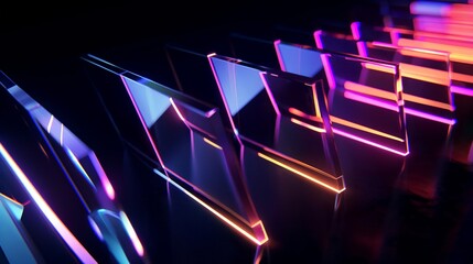 Abstract 3d background wallpaper with glass squares with colorful light emitter iridescent neon holographic gradient. Design visual element for banner header poster or cover.