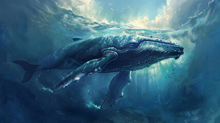 beautiful sea ocean with coral, anemones, turtles, clown fish, nemo. Deep blue sea with big whale