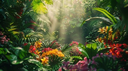Sunlight filters through the jungle trees, illuminating the plant life below